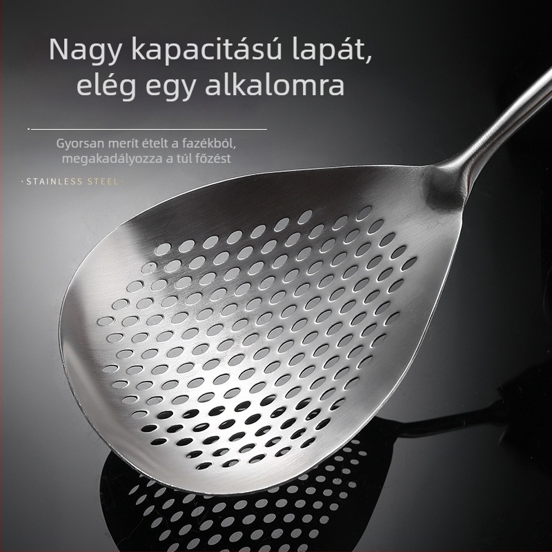 A good family 201 rozsdamentes acél hálós főző spatula; nyele acél-fa kombináció; tapadásmentes, csúszásmentes, hőálló; ideális tésztához, knédlihez és forró fazékhoz.