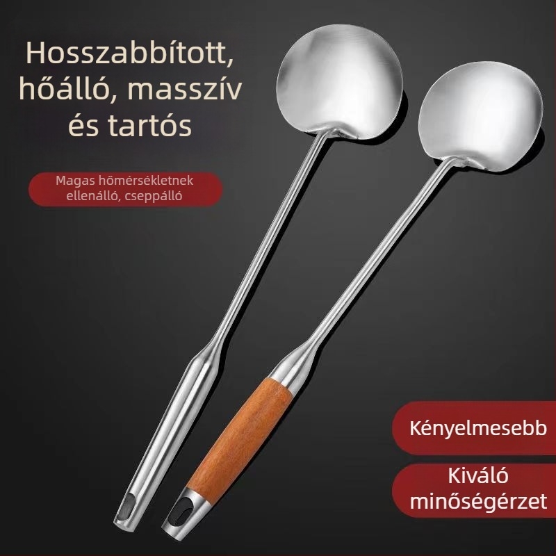 Hosszú nyelű rozsdamentes acél főzőkanál rózsafa fogantyúval