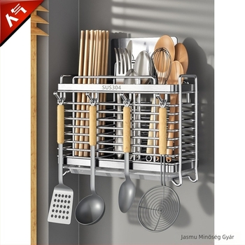 Falihoz szerelhető konyhai eszköztartó, 304-es rozsdamentes acélból, kés- és kanál tároló
