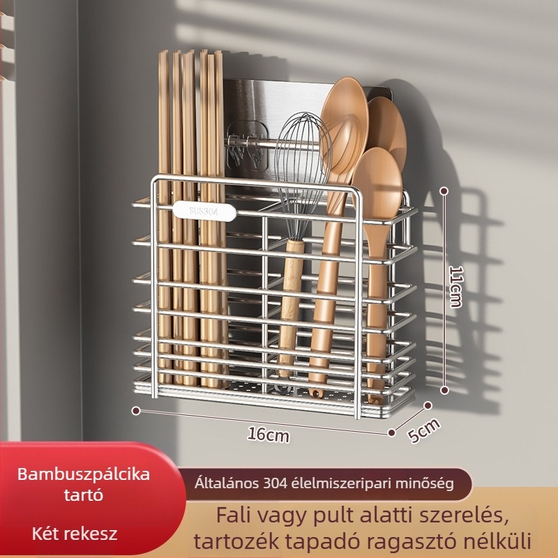 Falihoz szerelhető konyhai eszköztartó, 304-es rozsdamentes acélból, kés- és kanál tároló