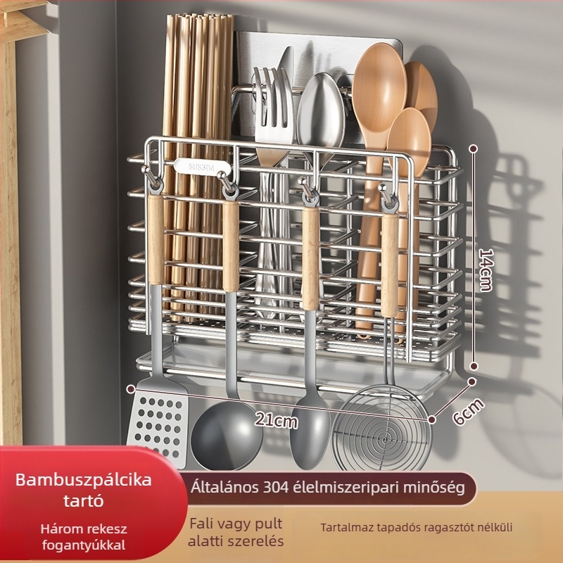 Falihoz szerelhető konyhai eszköztartó, 304-es rozsdamentes acélból, kés- és kanál tároló