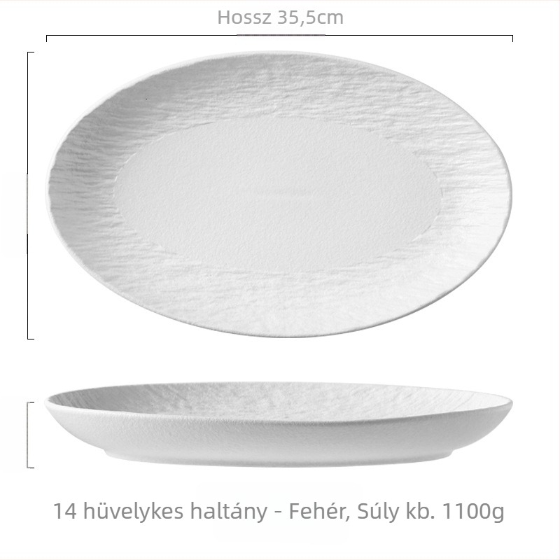 Porcelán ovális halas tál, japán stílus, egyszerű dizájn, párolt halhoz, magas hőállóság
