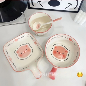 Kerámia bowls és tányérkészlet cartoon malac mintával, alglazúros szín, mikrohullámú sütőbe tehető, könnyed luxus stílus