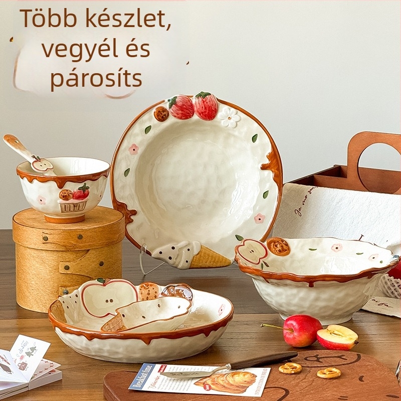 Kerámia edénykészlet tálak, tányérok és lapos tányérok — szabálytalan formájú, alglazúros színfelülettel, modern egyszerű stílus, mikrohullámú sütőben használható