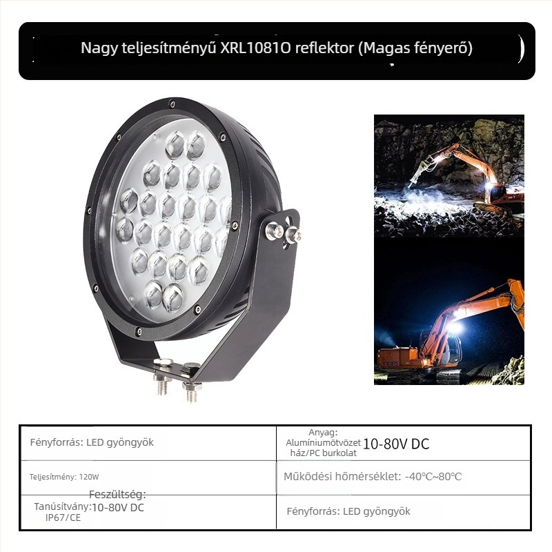 XRLL LED Munkalámpa 60W targoncákhoz, terepjáró járművekhez és ásókhoz (DC 10-80V, -40°C-tól 80°C-ig, 50 000 óra)