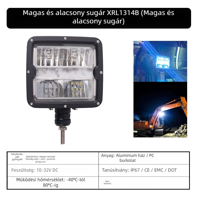 XRLL LED Munkalámpa 60W targoncákhoz, terepjáró járművekhez és ásókhoz (DC 10-80V, -40°C-tól 80°C-ig, 50 000 óra)
