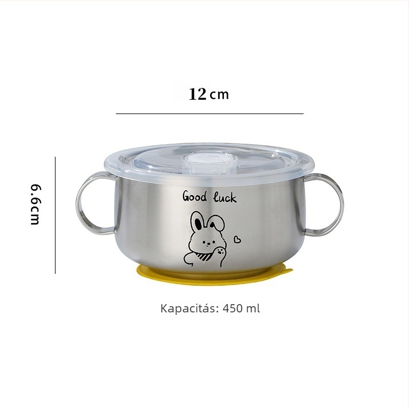 316L rozsdamentes acél gyerekeknek készült tál, dupla füllel, dupla rétegű égésvédelmi kialakítás, fedéllel