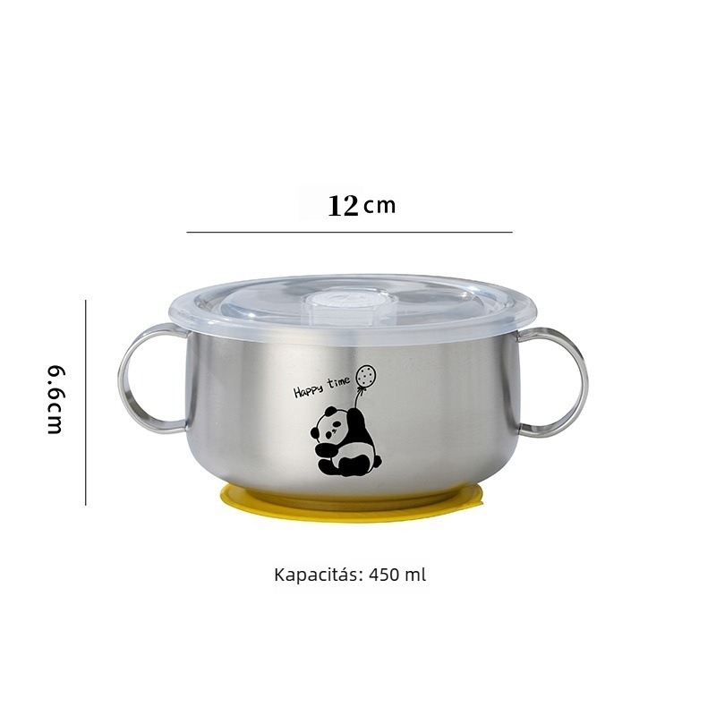 316L rozsdamentes acél gyerekeknek készült tál, dupla füllel, dupla rétegű égésvédelmi kialakítás, fedéllel