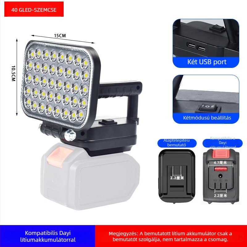 Akkumulátoros LED munka lámpa, ABS ház, 55 W, hatótáv akár 500 m