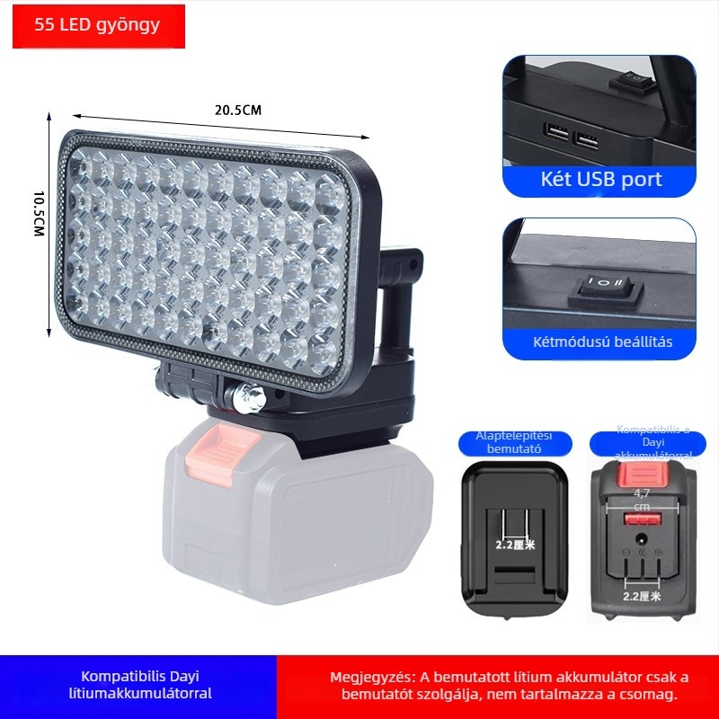 Akkumulátoros LED munka lámpa, ABS ház, 55 W, hatótáv akár 500 m
