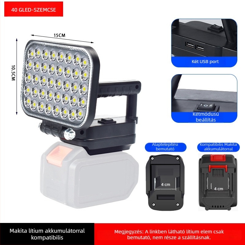 Akkumulátoros LED munka lámpa, ABS ház, 55 W, hatótáv akár 500 m