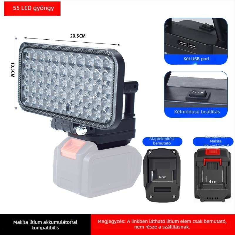 Akkumulátoros LED munka lámpa, ABS ház, 55 W, hatótáv akár 500 m