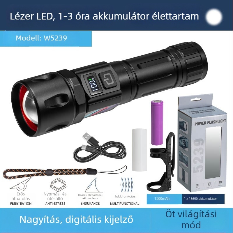 Kézben tartható zseblámpa kültéri használatra, modell W5239, sorozat W5239, 18650-es akkumulátor, ház alumíniumötvözet