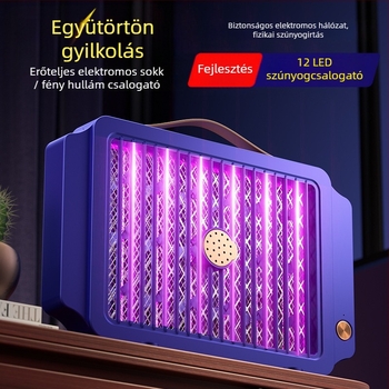 Beépített 1001–1600 mAh-s akkumulátorral működő elektromos szúnyogirtó lámpa, beltéri és kültéri használatra, LED csapdával és elektromos sokkal, alumínium háló, ABS ház, töltés 3–5 óra, üzemidő 3–6 óra