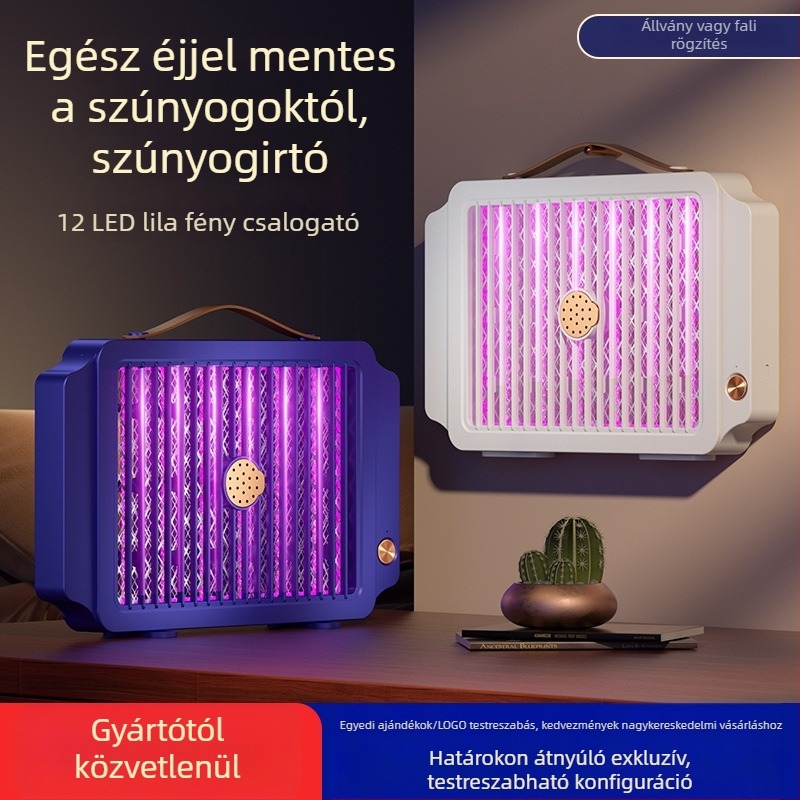Beépített 1001–1600 mAh-s akkumulátorral működő elektromos szúnyogirtó lámpa, beltéri és kültéri használatra, LED csapdával és elektromos sokkal, alumínium háló, ABS ház, töltés 3–5 óra, üzemidő 3–6 óra