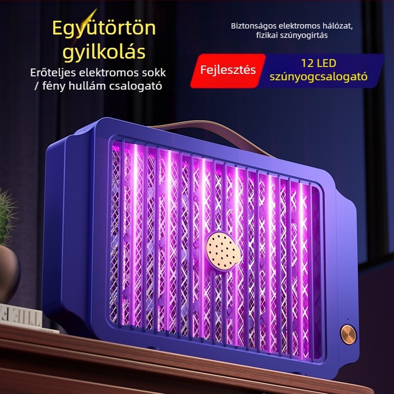 Beépített 1001–1600 mAh-s akkumulátorral működő elektromos szúnyogirtó lámpa, beltéri és kültéri használatra, LED csapdával és elektromos sokkal, alumínium háló, ABS ház, töltés 3–5 óra, üzemidő 3–6 óra