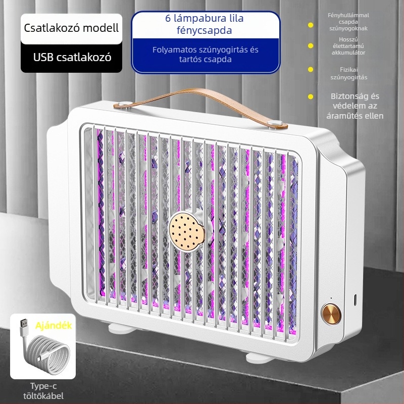 Beépített 1001–1600 mAh-s akkumulátorral működő elektromos szúnyogirtó lámpa, beltéri és kültéri használatra, LED csapdával és elektromos sokkal, alumínium háló, ABS ház, töltés 3–5 óra, üzemidő 3–6 óra