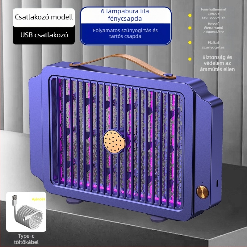 Beépített 1001–1600 mAh-s akkumulátorral működő elektromos szúnyogirtó lámpa, beltéri és kültéri használatra, LED csapdával és elektromos sokkal, alumínium háló, ABS ház, töltés 3–5 óra, üzemidő 3–6 óra