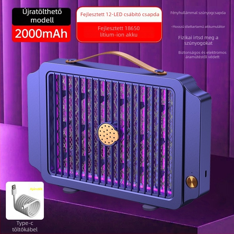 Beépített 1001–1600 mAh-s akkumulátorral működő elektromos szúnyogirtó lámpa, beltéri és kültéri használatra, LED csapdával és elektromos sokkal, alumínium háló, ABS ház, töltés 3–5 óra, üzemidő 3–6 óra
