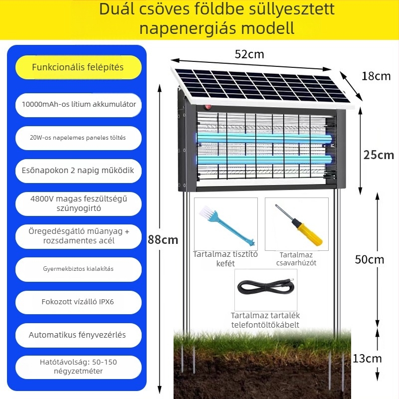 Audis Kültéri szúnyogirtó lámpa beépített akkumulátorral, LED csapda és elektromos sokk, 61 m²+ lefedettség, 0–90° forgás