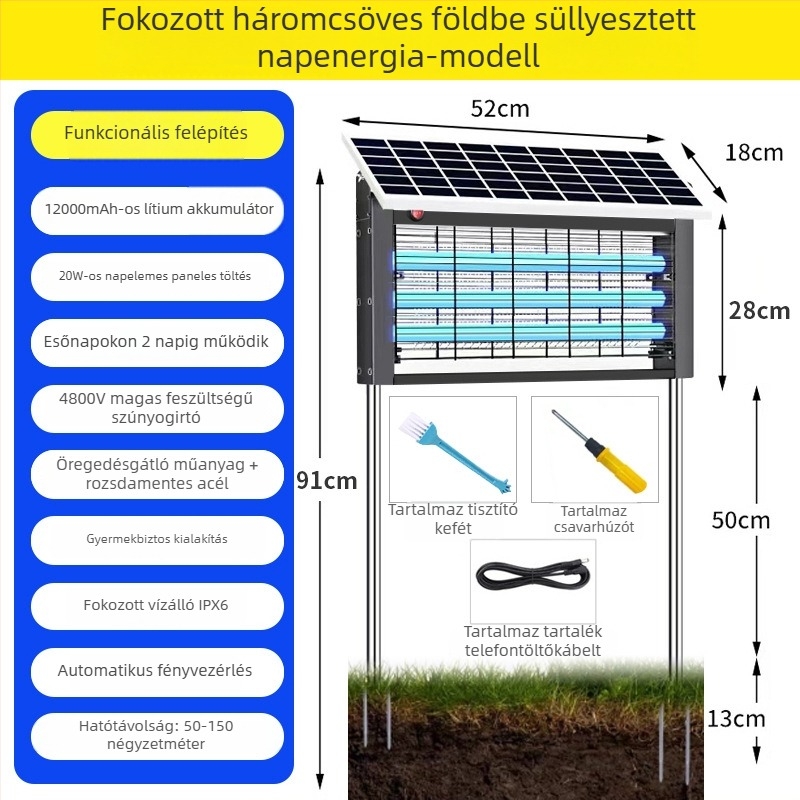 Audis Kültéri szúnyogirtó lámpa beépített akkumulátorral, LED csapda és elektromos sokk, 61 m²+ lefedettség, 0–90° forgás