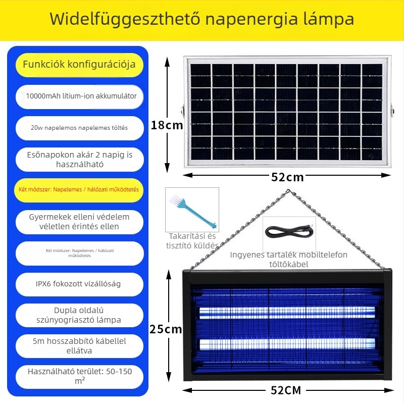 Audis Kültéri szúnyogirtó lámpa beépített akkumulátorral, LED csapda és elektromos sokk, 61 m²+ lefedettség, 0–90° forgás