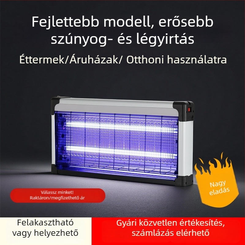 Falihoz rögzíthető szúnyogirtó lámpa kereskedelmi helyiségekhez, LED világítás, elektromos sokk és fénycsapda, PVC burkolat tűzálló, 2 éves garancia