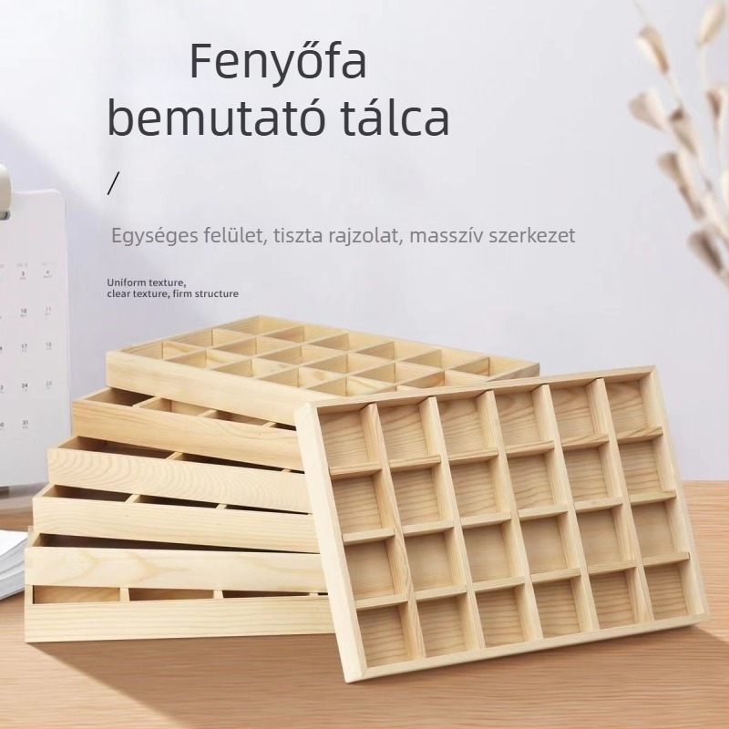 Fenyőfa kiállítótál 12 rekeszzel, egy szintes, letisztult, magas minőségű dizájn