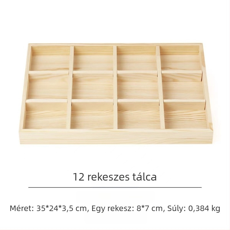 Fenyőfa kiállítótál 12 rekeszzel, egy szintes, letisztult, magas minőségű dizájn