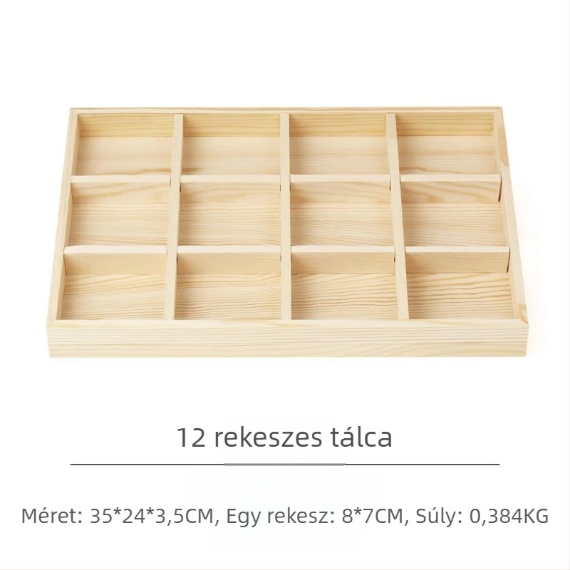Fenyőfa kiállítótál 12 rekeszzel, egy szintes, letisztult, magas minőségű dizájn