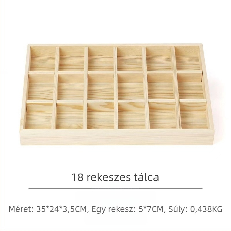Fenyőfa kiállítótál 12 rekeszzel, egy szintes, letisztult, magas minőségű dizájn