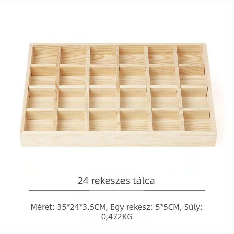 Fenyőfa kiállítótál 12 rekeszzel, egy szintes, letisztult, magas minőségű dizájn