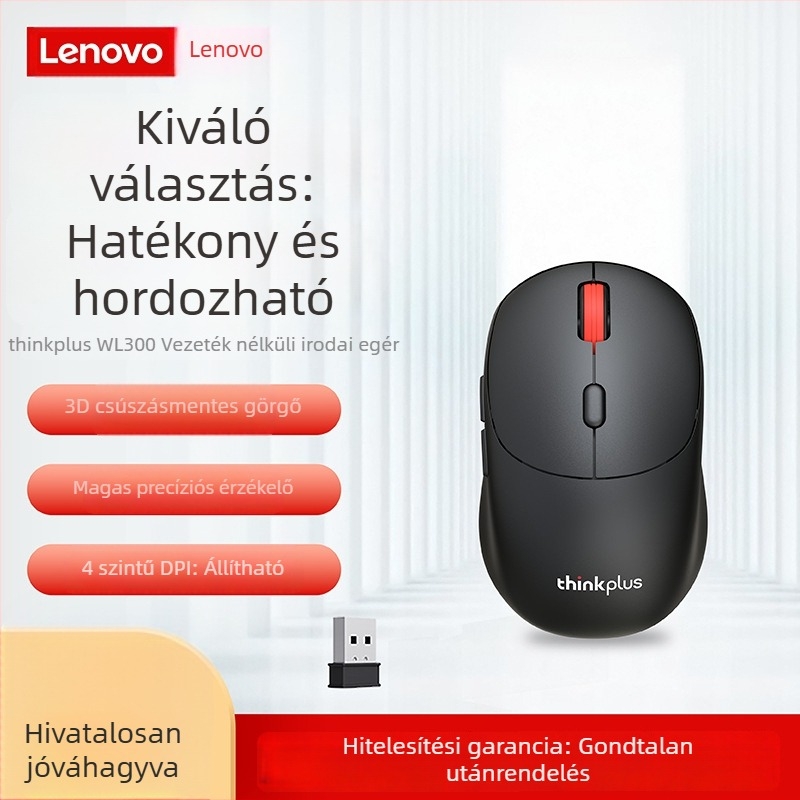 Lenovo ThinkPlus WL300 Vezeték nélküli optikai egér, 2.4G, 2400 DPI, 3 gomb, USB, asztali számítógéppel kompatibilis