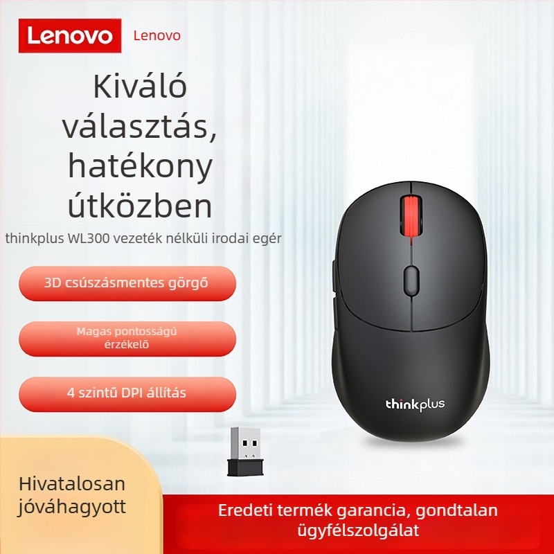 Lenovo ThinkPlus WL300 Vezeték nélküli optikai egér, 2.4G, 2400 DPI, 3 gomb, USB, asztali számítógéppel kompatibilis