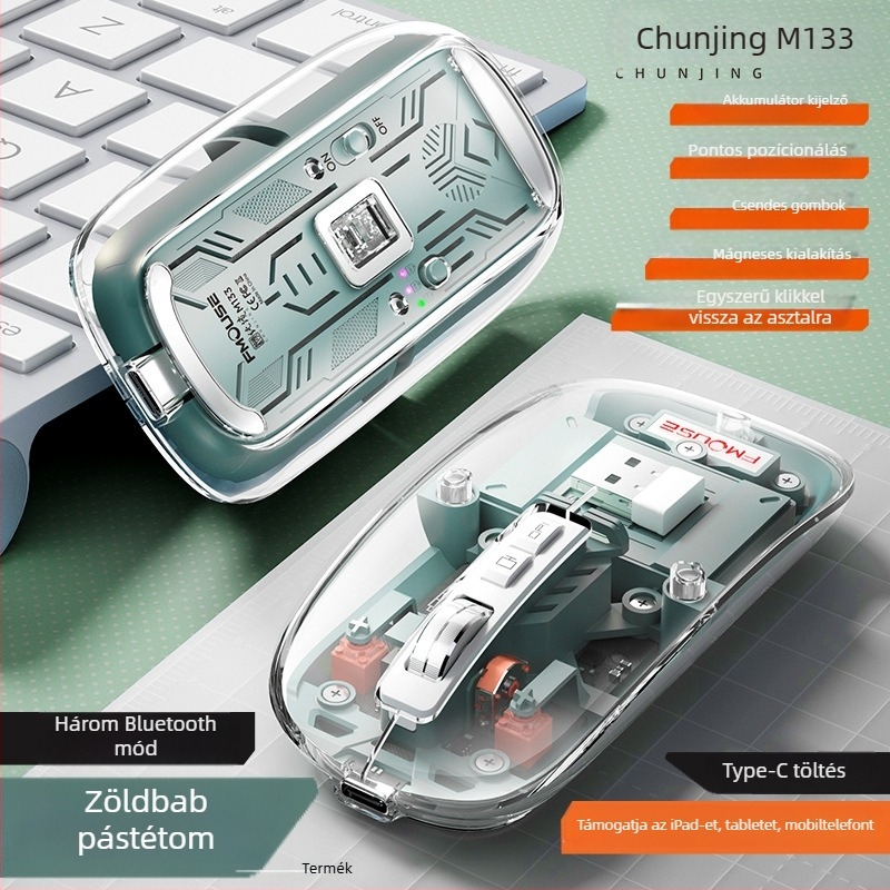 M133 Bluetooth hárommódú egér, csendes és újratölthető, 2400dpi, USB, 5 gomb, 2.4GHz vezeték nélküli, 10 m hatótáv