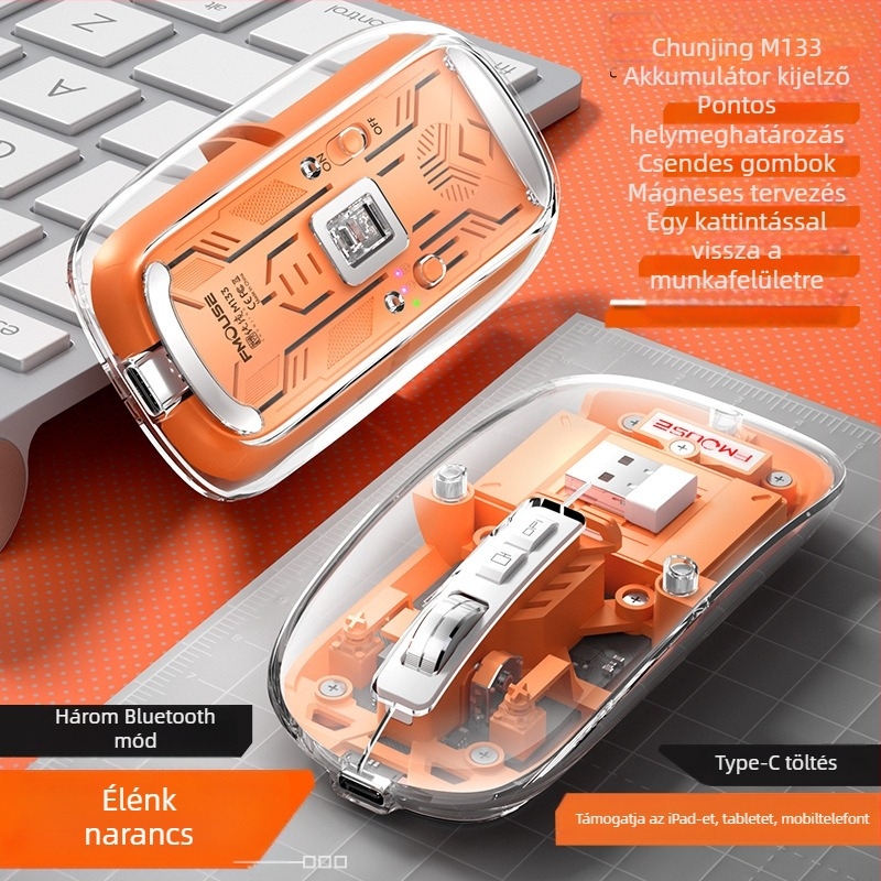 M133 Bluetooth hárommódú egér, csendes és újratölthető, 2400dpi, USB, 5 gomb, 2.4GHz vezeték nélküli, 10 m hatótáv