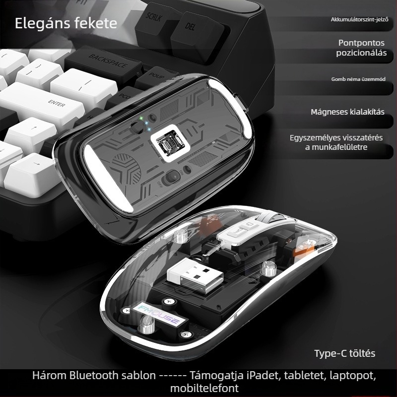 M133 Bluetooth hárommódú egér, csendes és újratölthető, 2400dpi, USB, 5 gomb, 2.4GHz vezeték nélküli, 10 m hatótáv