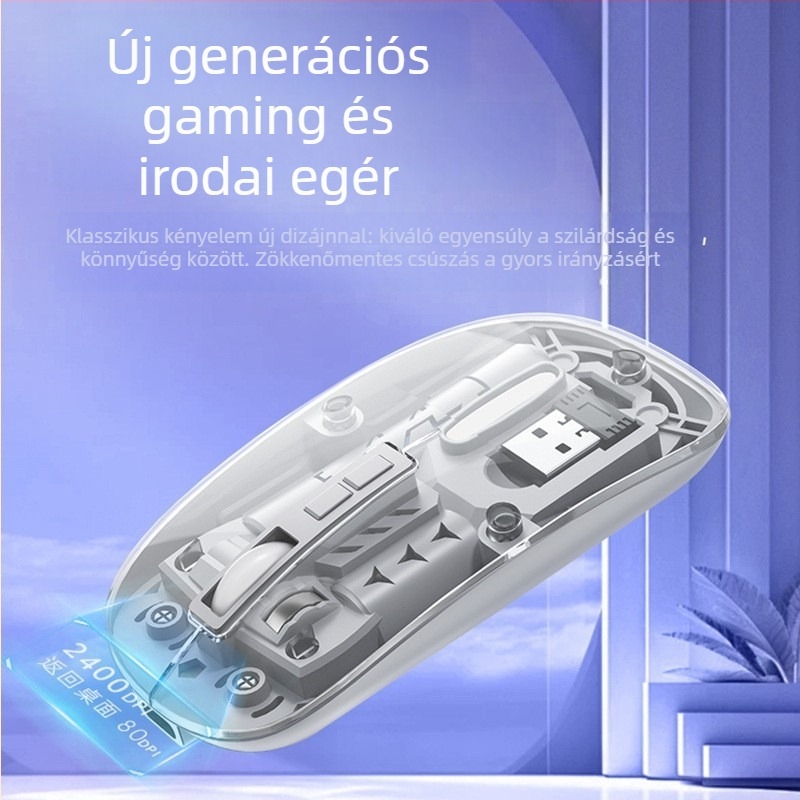 Vezeték nélküli egér duál-móddal 2.4G/Bluetooth, halk gombok, újratölthető, 1400dpi, 5 gomb