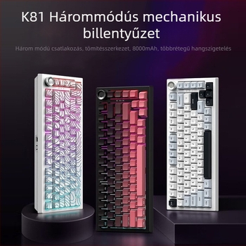 K81 mechanikus billentyűzet, 82 billentyű, RGB háttérvilágítás, vezeték nélküli és USB csatlakozás, zöld vagy fehér kapcsolók