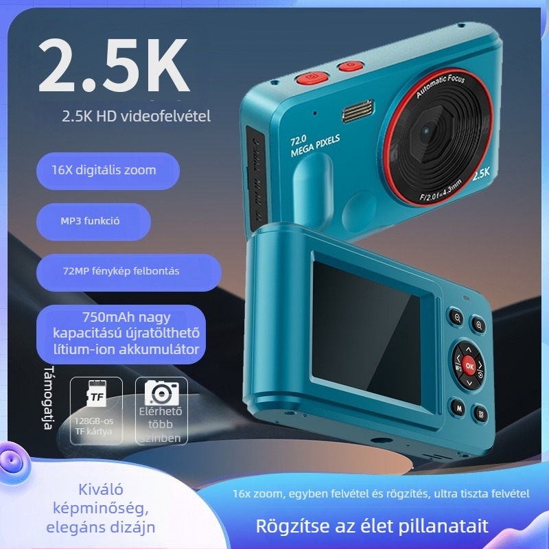 Mini kompakt digitális kamera 16x digitális zoom, 2,4 hüvelykes LCD, CMOS szenzor, USB 2.0 és TF-kártyás tárhely, elektronikus képstabilizáció
