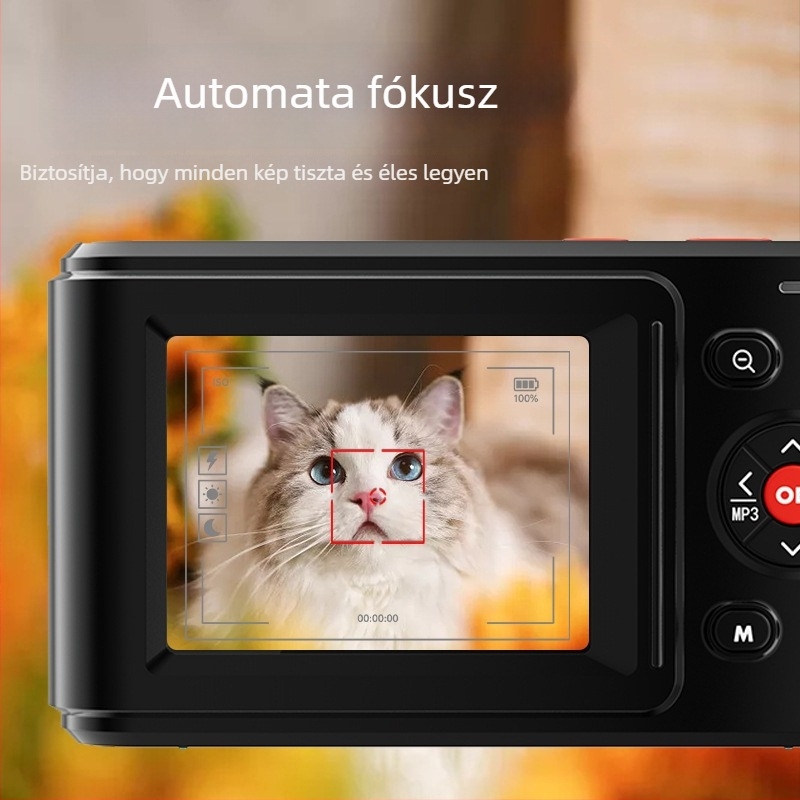 Mini kompakt digitális kamera 16x digitális zoom, 2,4 hüvelykes LCD, CMOS szenzor, USB 2.0 és TF-kártyás tárhely, elektronikus képstabilizáció