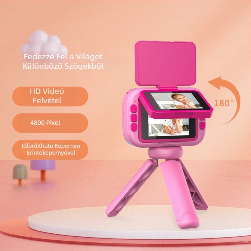 Gyerekeknek készült digitális kamera 180°-os forgatható kijelzővel, 1.0 MP szenzor, 4x optikai zoom, 4x digitális zoom, 2,4 hüvelykes LCD