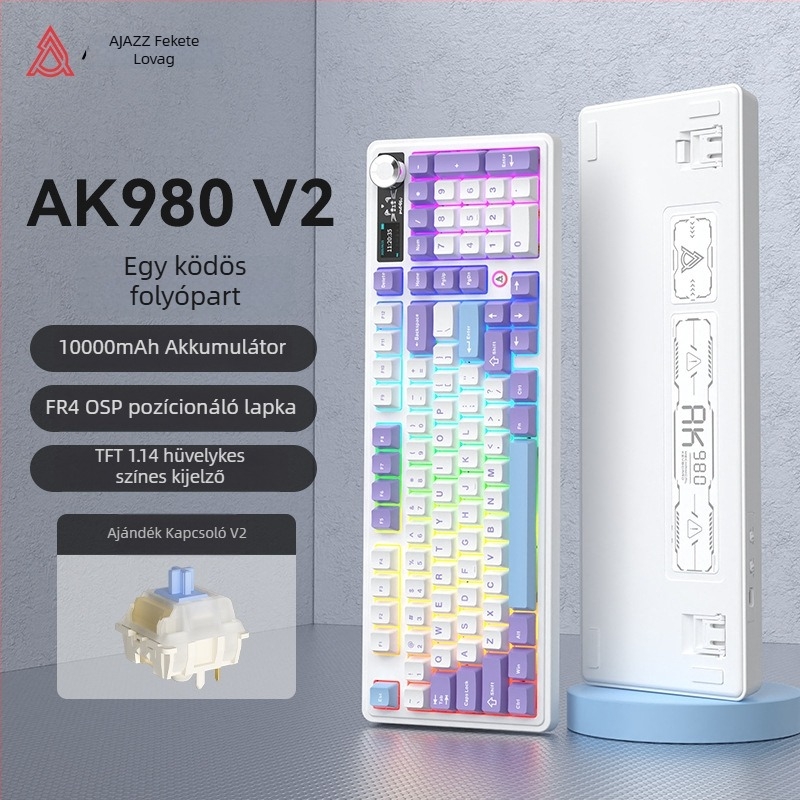 Ak980 V2 mechanikus billentyűzet, 98 gomb, három módban csatlakoztatható, 10000mAh akkumulátor, akár 3 eszközhöz csatlakoztatható