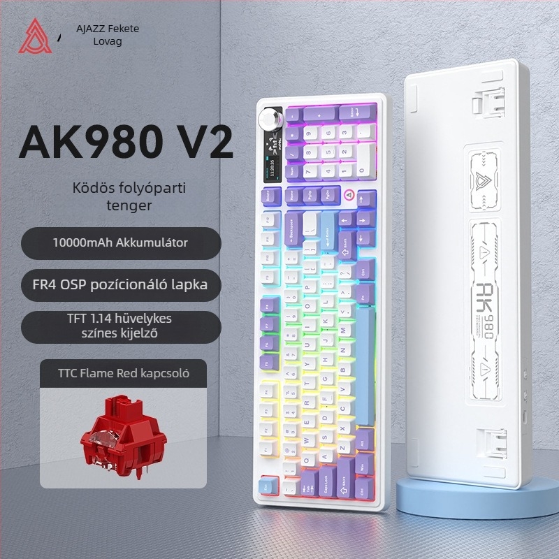 Ak980 V2 mechanikus billentyűzet, 98 gomb, három módban csatlakoztatható, 10000mAh akkumulátor, akár 3 eszközhöz csatlakoztatható