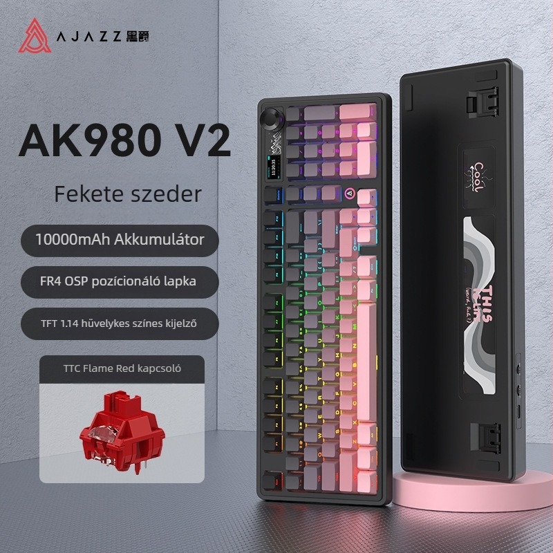 Ak980 V2 mechanikus billentyűzet, 98 gomb, három módban csatlakoztatható, 10000mAh akkumulátor, akár 3 eszközhöz csatlakoztatható