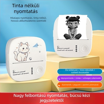 Macska matricás mini nyomtató – hordozható Bluetooth termikus nyomtató, 5,7 cm nyomtatási szélesség, 1 tekercs papír, 3,7V energiaforrás, kompatibilis iOS és Android