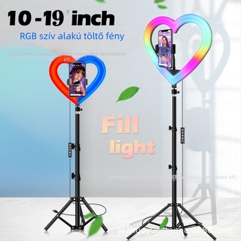 Szív alakú RGB töltőfény asztali tripoddal – LED lámpa szelfihez és élő közvetítéshez, 10W–48W, 5V2A, modellek 1202P, 1802, skálázható, függőleges használat