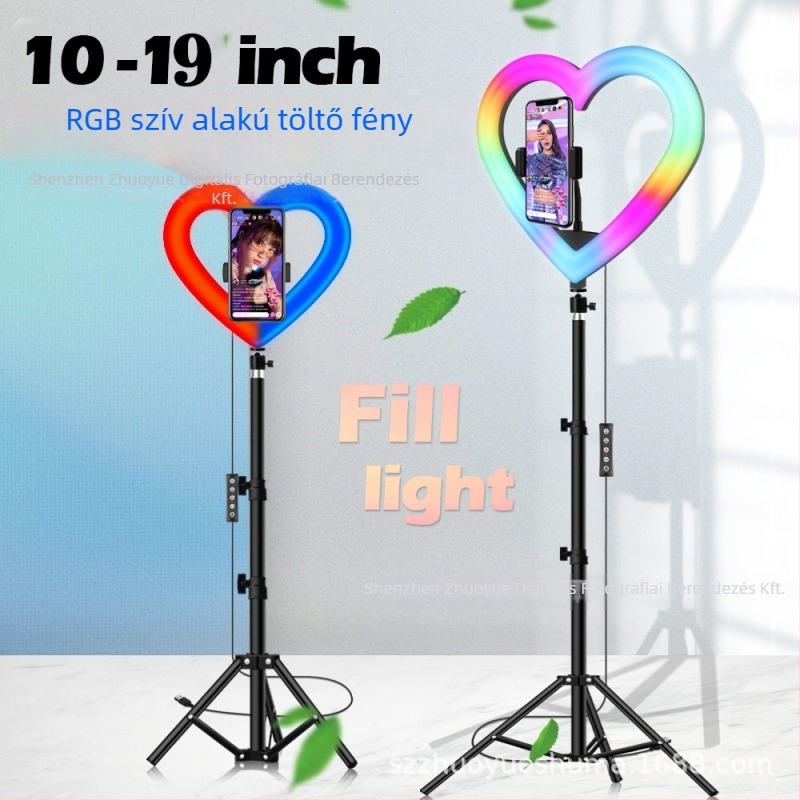 Szív alakú RGB töltőfény asztali tripoddal – LED lámpa szelfihez és élő közvetítéshez, 10W–48W, 5V2A, modellek 1202P, 1802, skálázható, függőleges használat