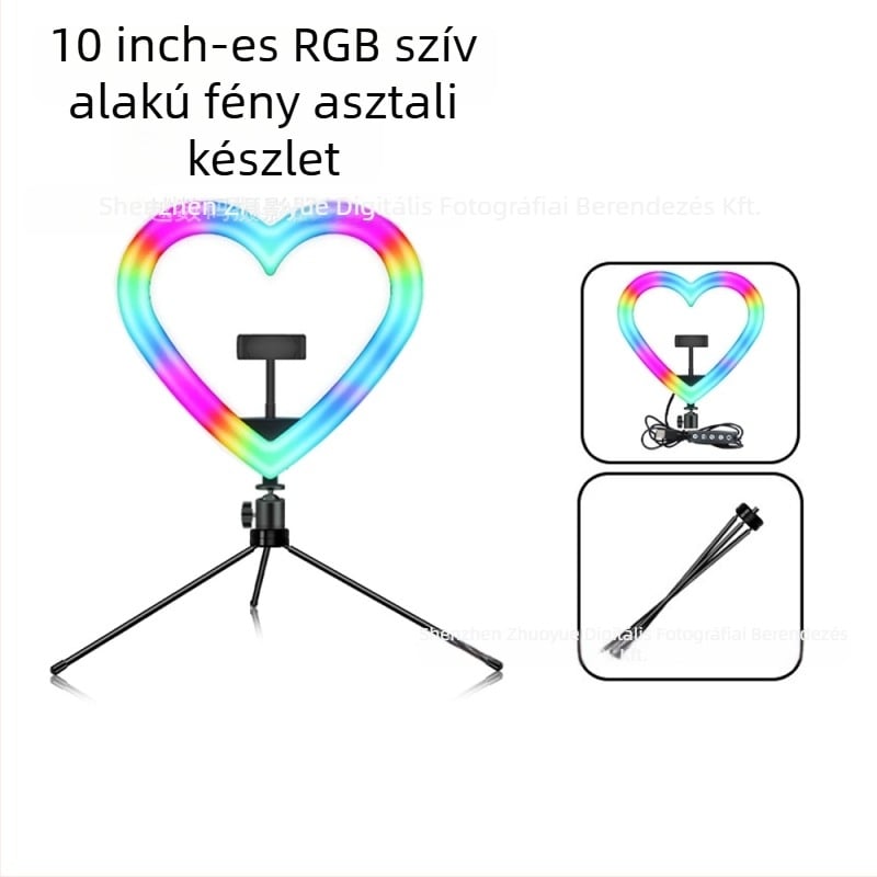 Szív alakú RGB töltőfény asztali tripoddal – LED lámpa szelfihez és élő közvetítéshez, 10W–48W, 5V2A, modellek 1202P, 1802, skálázható, függőleges használat