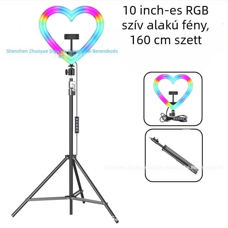 Szív alakú RGB töltőfény asztali tripoddal – LED lámpa szelfihez és élő közvetítéshez, 10W–48W, 5V2A, modellek 1202P, 1802, skálázható, függőleges használat